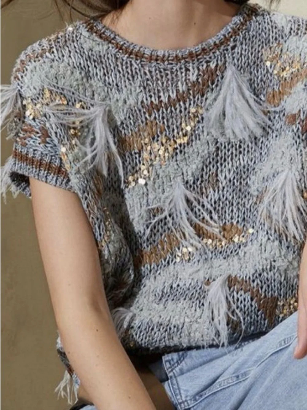 Brunello Cucinelli Gray Brown Knit Fringe Sequin Cardigan Sweater